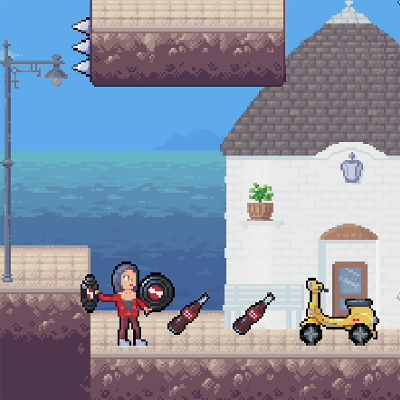 Game image with character holding records and a yellow scooter.