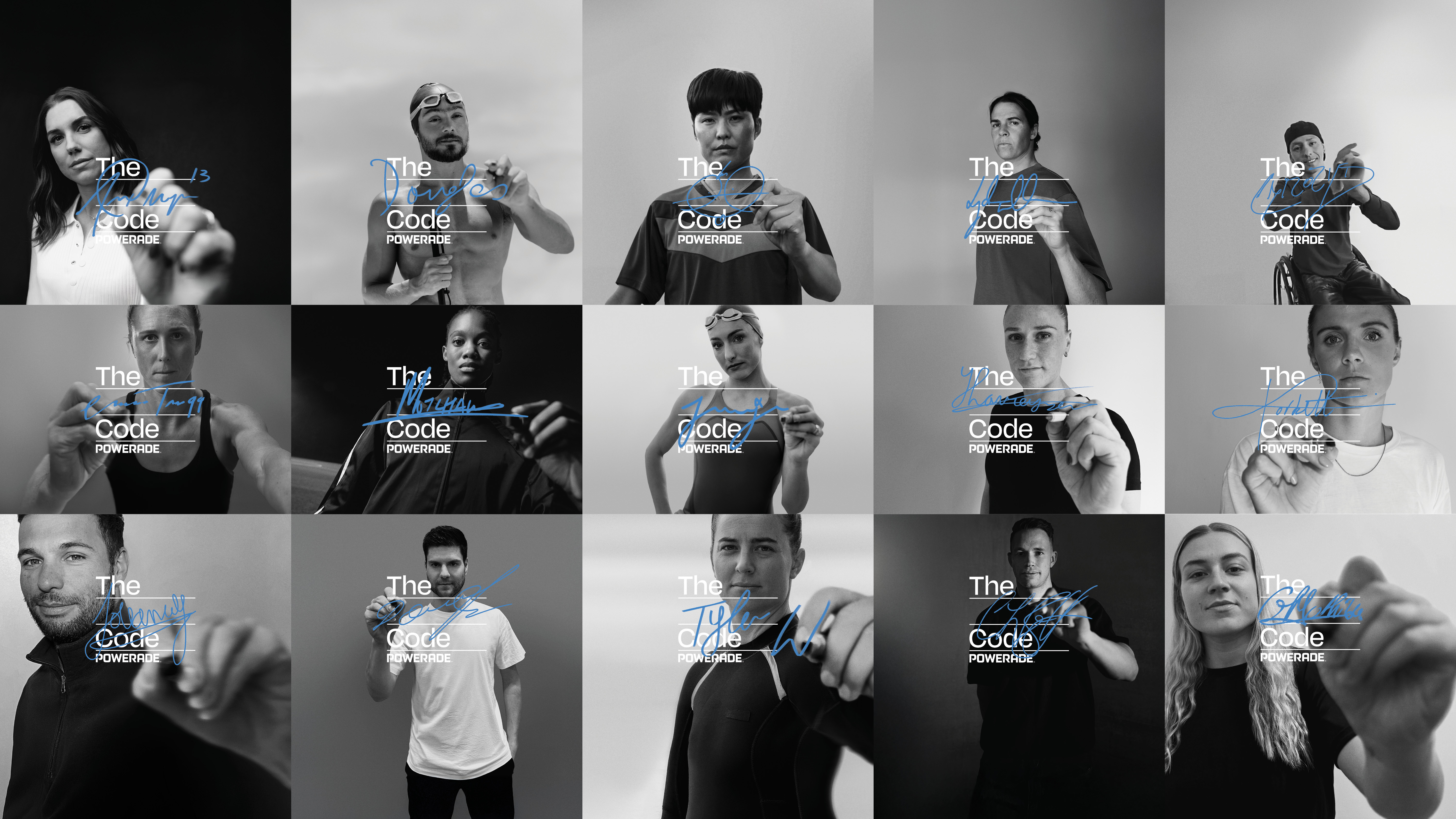 Collage en blanco y negro de diversos atletas firmando con un marcador sobre la palabra 'Athletes' en la frase 'The Athletes Code' para una campaña de Powerade. Incluye retratos de ciclistas, nadadores, futbolistas y otros deportistas de distintas disciplinas y nacionalidades.