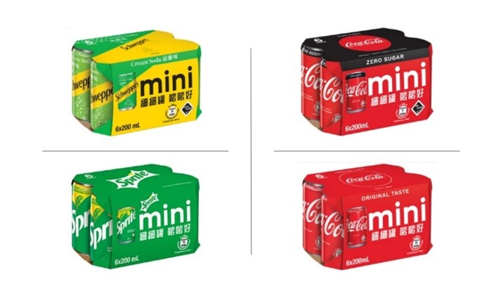 Four types of Coca-Cola products packaging, including Schweppes, Coca-Cola Zero Sugar, Sprite and Coca-Cola Original Taste