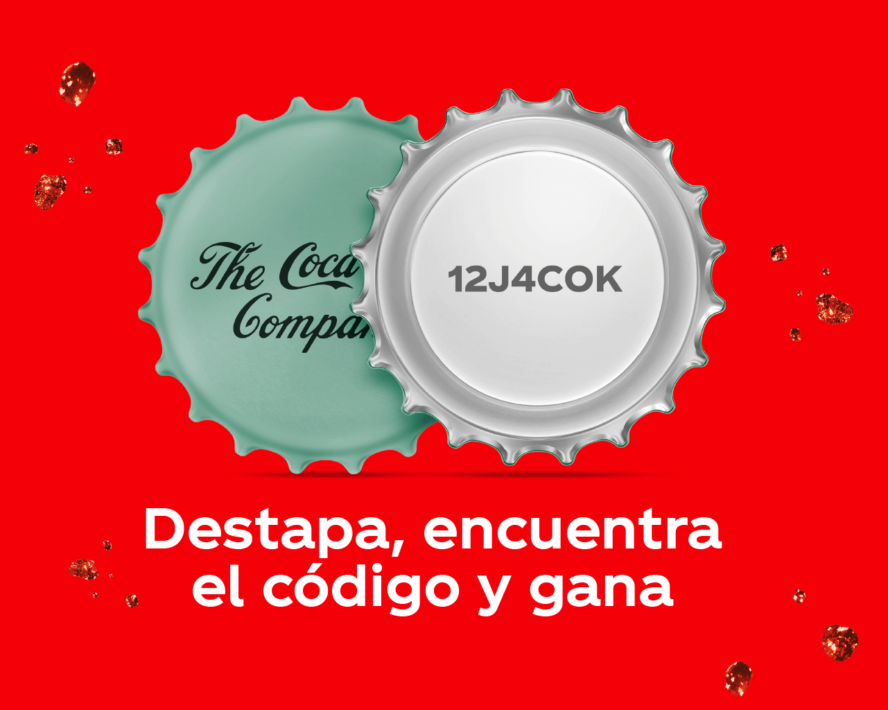 Dos tapas de Coca-Cola de vidrio enseñando un codigo en el dorso sobre un fondo rojo y el texto "destapa, encuentra el código y gana"