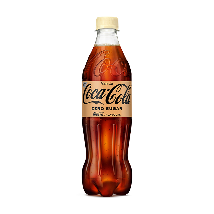 Coca-Cola Zero Sugar Vanilla bottle on white background.