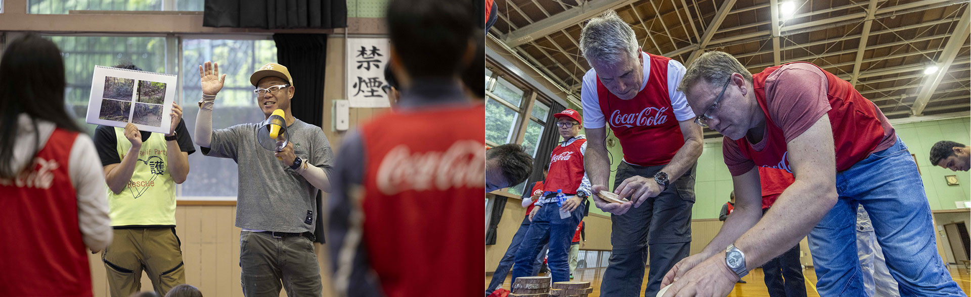 コカ・コーラ社員が木工作を体験している様子の写真