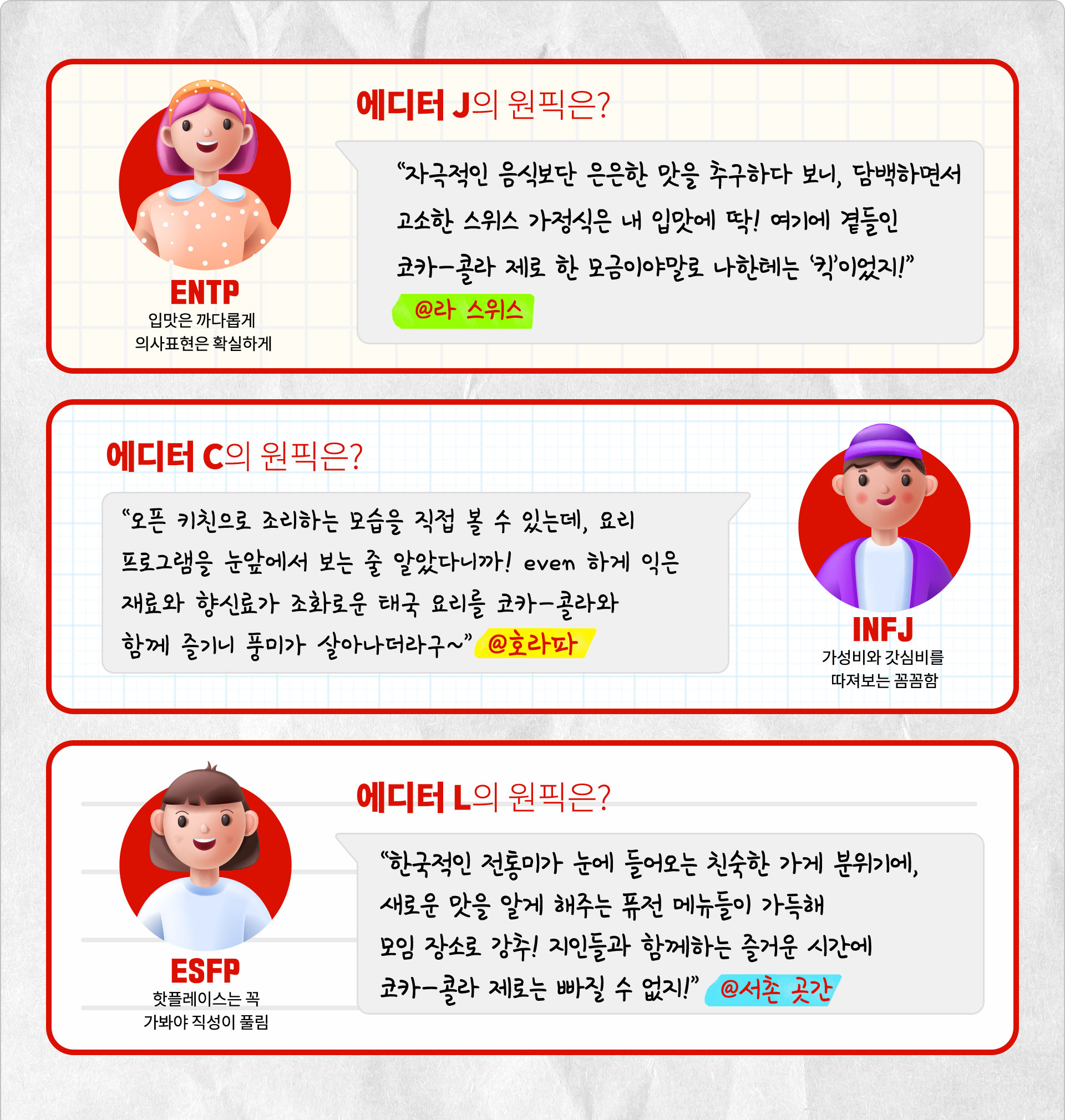 에디터 들의 원픽과 한줄평이 들어있는 이미지 에디터 J (ENTP, 입맛은 까다롭게, 의사표현은 확실하게) : “자극적인 음식보단 은은한 맛을 추구하다 보니, 담백하면서 고소한 스위스 가정식은 내 입맛에 딱! 여기에 곁들인 코카-콜라 제로 한 모금 이야 말로 나한테는 '킥' 이었지!” @ 라 스위스 에디터 C (INFJ, 가성비와 갓심비를 따져보는 꼼꼼함) : “오픈 키친으로 조리하는 모습을 직접 볼 수 있는데, 요리 프로그램을 눈앞에서 보는 줄 알았다니까! Even하게 익은 재료와 향신료가 조화로운 태국 요리를 코카-콜라와 함께 즐기니 풍미가 살아나더라고~” @ 호라파 에디터 L (ESFP, 핫플레이스는 꼭 가봐야 직성이 풀림) : “한국적인 전통미가 눈에 들어오는 친숙한 가게 분위기에, 새로운 맛을 알게 해주는 퓨전 메뉴들이 가득해 모임 장소로 강추! 지인들과 함께하는 즐거운 시간에 코카-콜라 제로는 빠질 수 없지!” @ 서촌 곳간