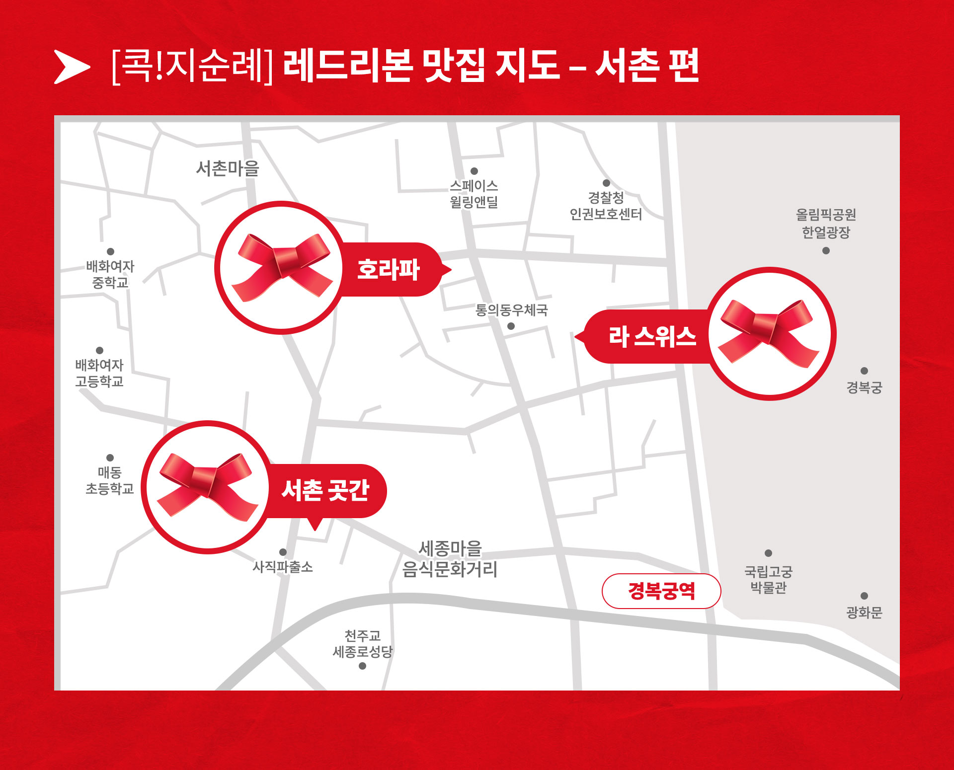 콕!지순례, 레드리본 맛집 지도 - 서촌 편 서촌 곳간 : 세종마을 음식 문화 거리 사직파출소 맞은편 거리 호라파 : 스페이스 윌링앤딜 과 통의동 우체국 사이 라스위스 : 경복궁 건너편 사잇길