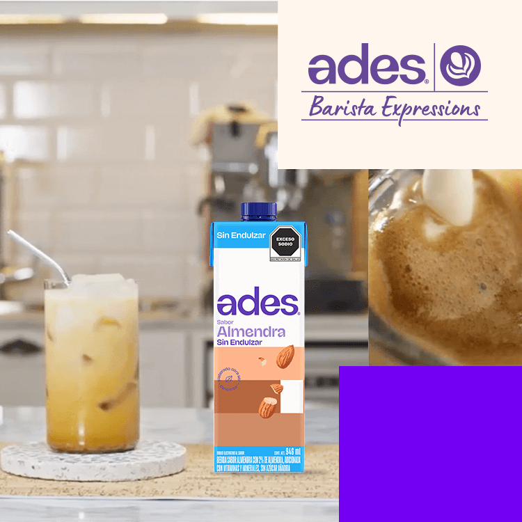 Ades Barista, Taza de Café con Botella de Leche de Avena Ades.