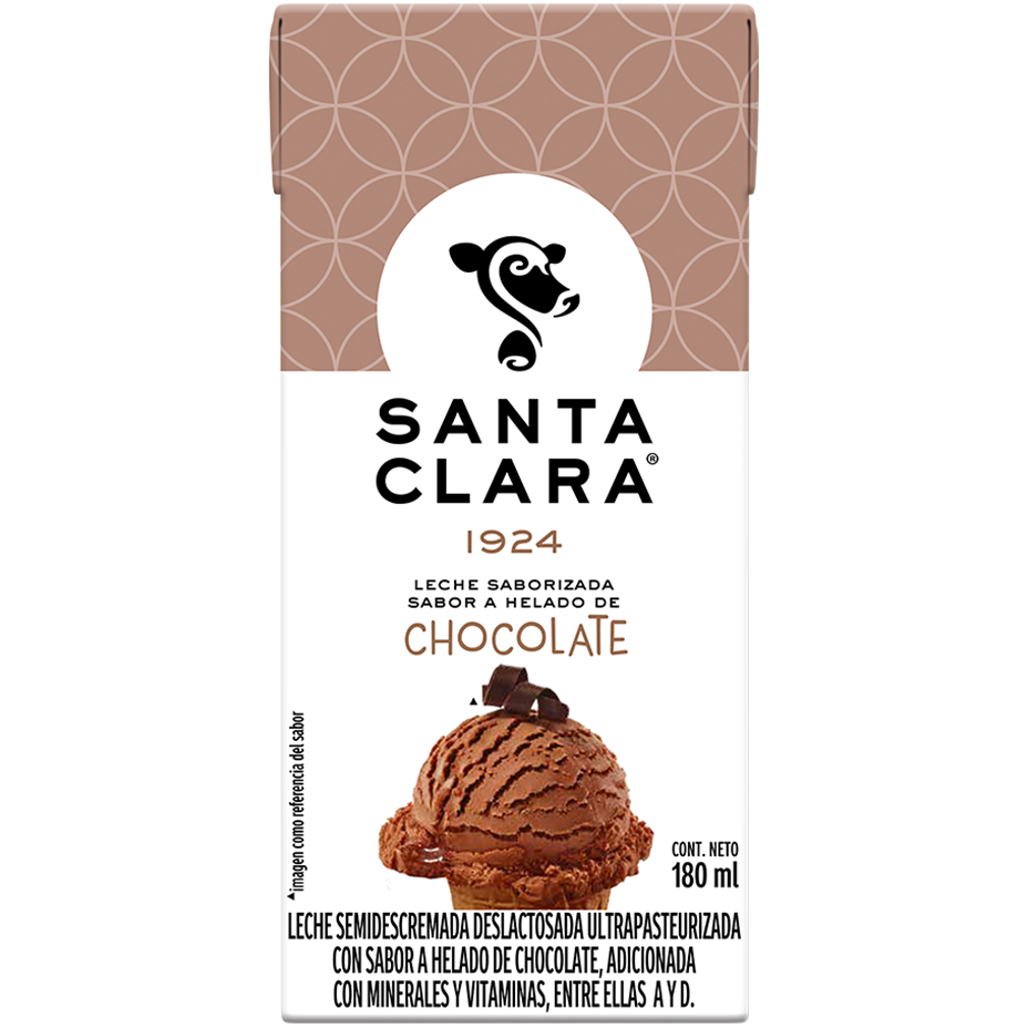 Empaque de Leche Saborizada Santa Clara de Chocolate de 180 mililitros.