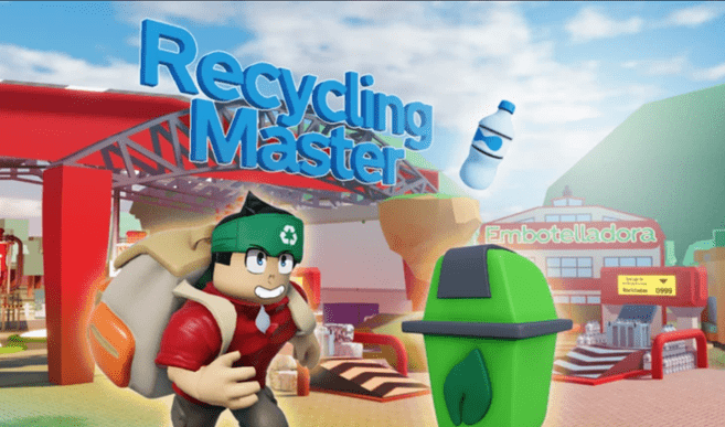 Imagen de personaje animado corriendo hacia un tacho de reciclaje con el título 'Recycling Master' al fondo.