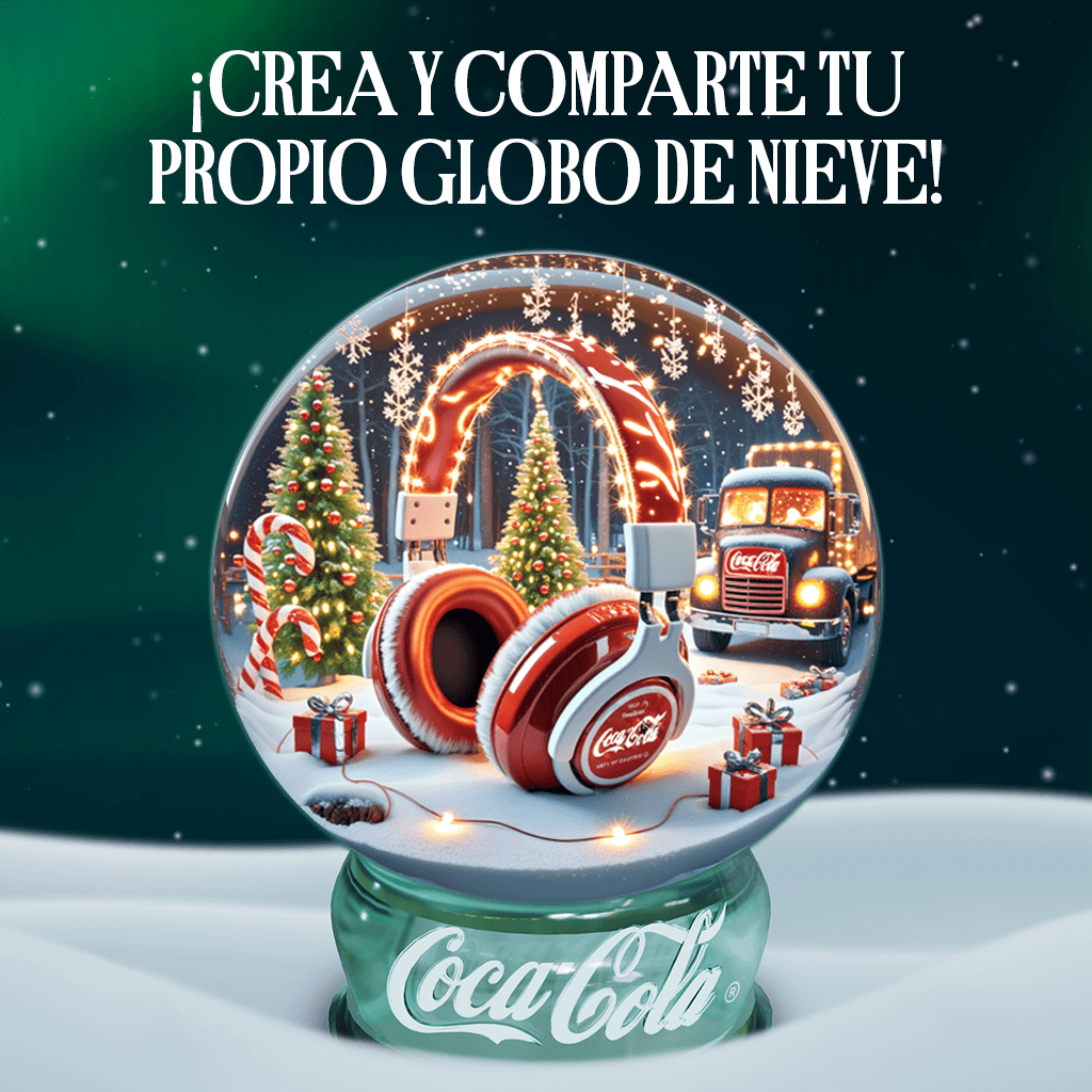 Bola de nieve de Coca-Cola con auriculares, camión, árbol de Navidad y regalos. El texto invita a crear y compartir tu propio globo.