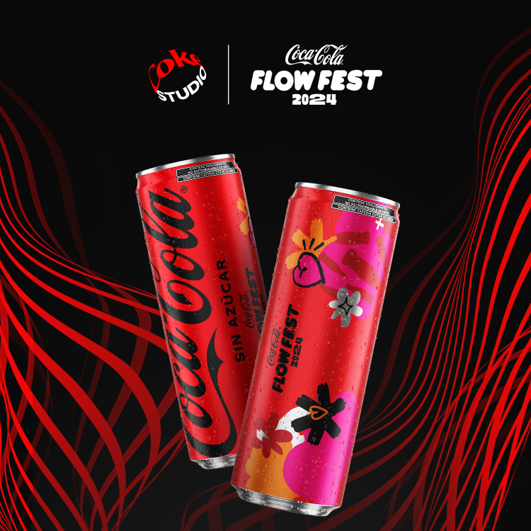 Latas de Coca-Cola sin Azucar edición limitada Coca-Cola Flow Fest sobre un fondo negro con lineas rojas. El logo de Coke Studio y el de Coca-Cola Flow Fest  junto al título "¡Llleva el party a casa destapando el flow de la nueva edición limitada!"