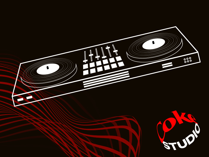 Consola de DJ sobre un fondo negro con gráficas en forma de onda color rojo. En la parte inferio, el logo de Coke Studio.