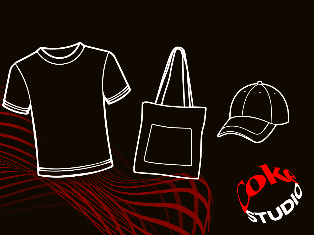 Ilustración de una gorra, un bolso, y una remera sobre un fondo negro con gráficas en forma de onda color rojo. En la parte inferio, el logo de Coke Studio.