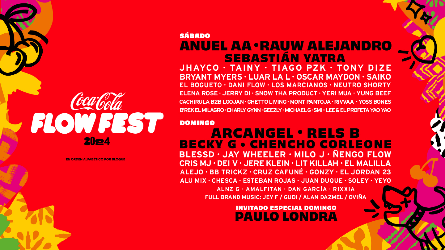 Line-up del Coca-Cola Flow Fest con el logo del festival, graficas coloridas y un fondo rojo.