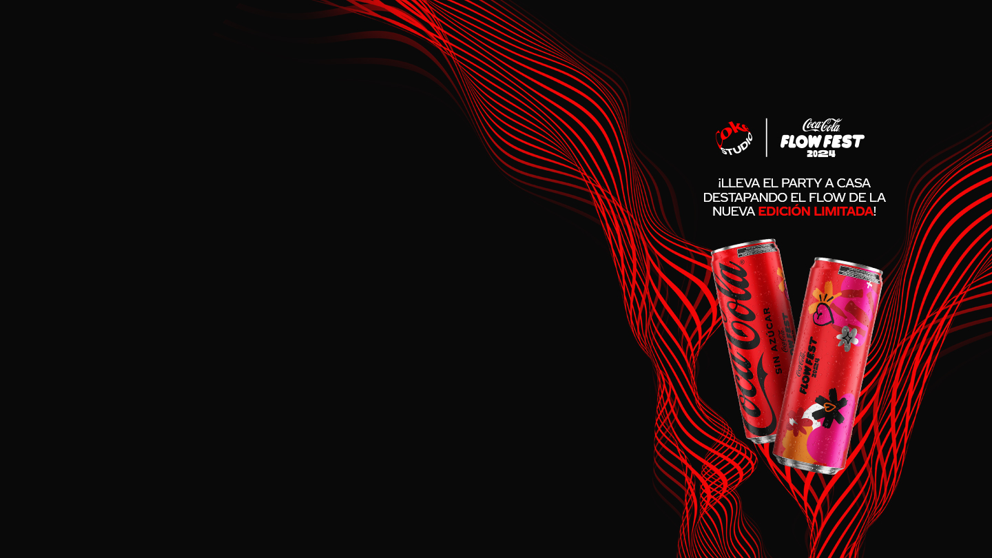 Latas de Coca-Cola sin Azucar edición limitada Coca-Cola Flow Fest sobre un fondo negro con lineas rojas. El logo de Coke Studio y el de Coca-Cola Flow Fest  junto al título "¡Llleva el party a casa destapando el flow de la nueva edición limitada!"