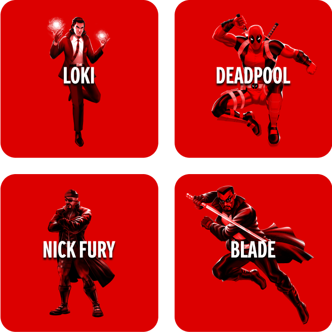 Mosaico de cuatro cuadrados rojos con un personaje de Marvel dentro de cada uno: Loki, Deadpool, Nick Fury y Blade.
