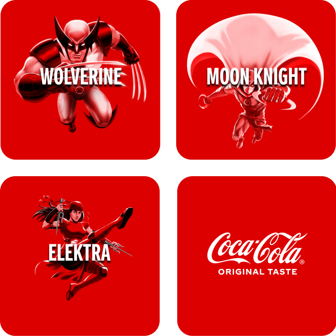 Mosaico de cuatro cuadrados rojos con un personaje de Marvel dentro de cada uno: Wolverine, Moon Knight, Elektra y en el último cuadrado está el logo de Coca-Cola y debajo el texto “Sabor Original”