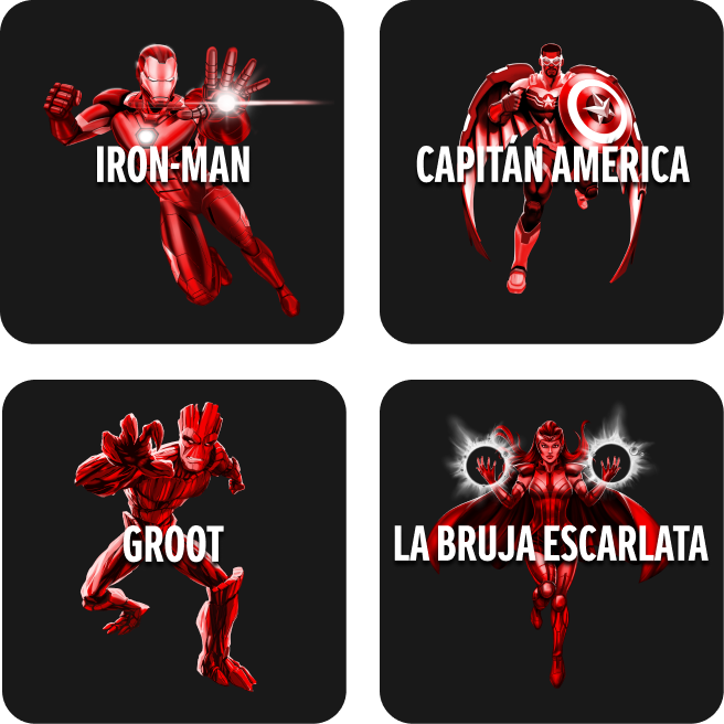 Mosaico de cuatro cuadrados negros con un personaje de Marvel dentro de cada uno: Iron Man, Capitán América, Groot y la Bruja Escarlata.