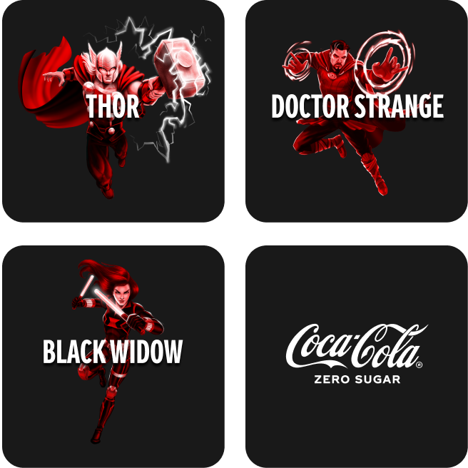 Mosaico de cuatro cuadrados negros con un personaje de Marvel dentro de cada uno: Thor, Doctor Strange, Black Widow y en el último cuadrado está el logo de Coca-Cola y debajo el texto “Sin Azúcar”
