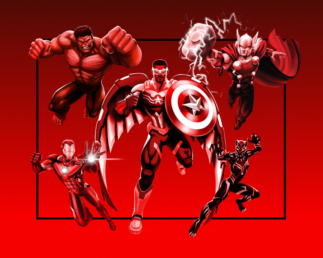 El capitán América al centro, a su derecha se encuentran Hulk y Iron-Man listos para atacar. Y a su izquierda Thor y Black Panther sobre um fondo rojo.