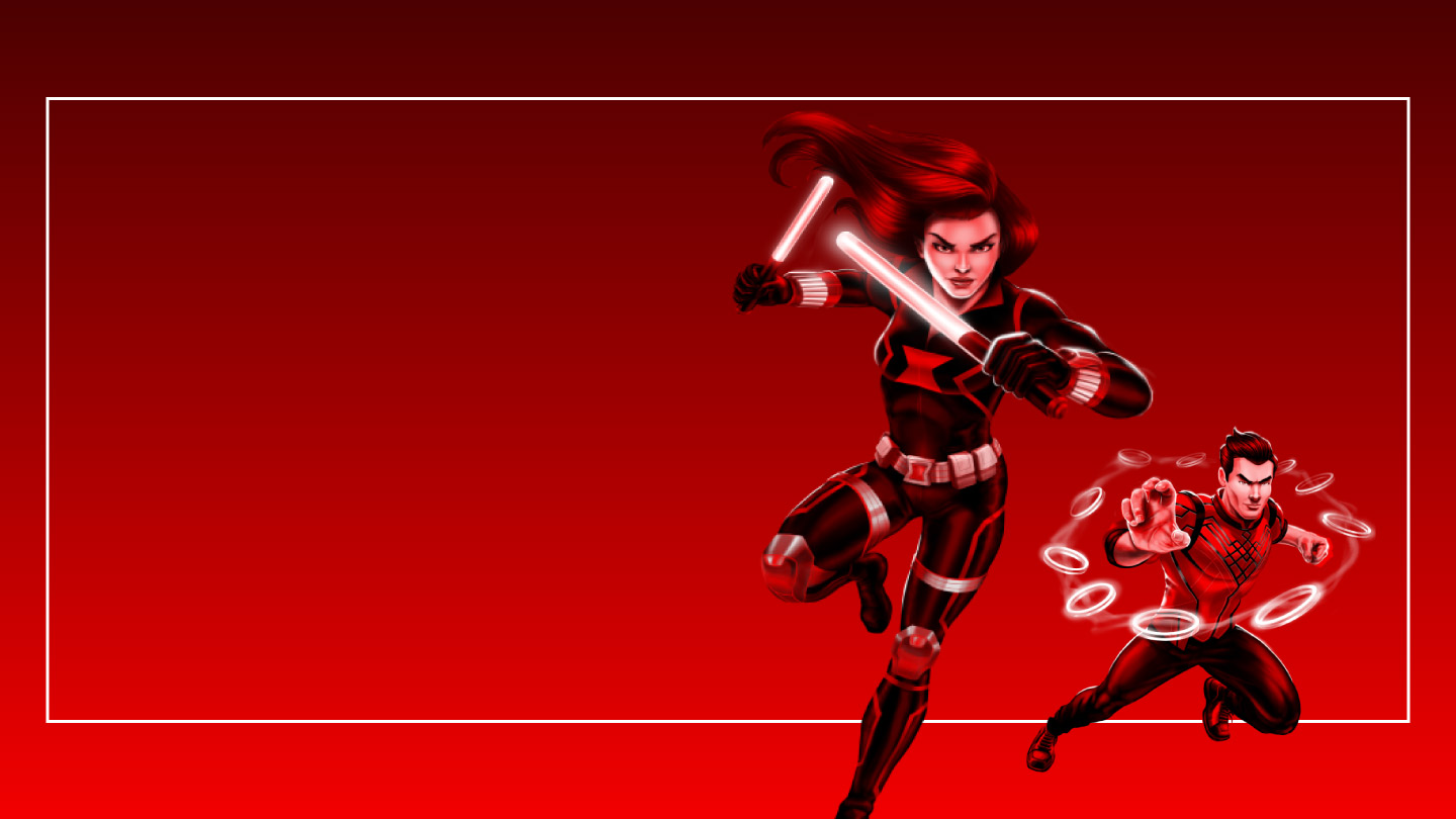 Black Widow lanzándose al ataque con un arma en cada mano, detrás de ella está Shang-Chi a punto de lanzar su poder. Ambos sobre um fondo rojo.