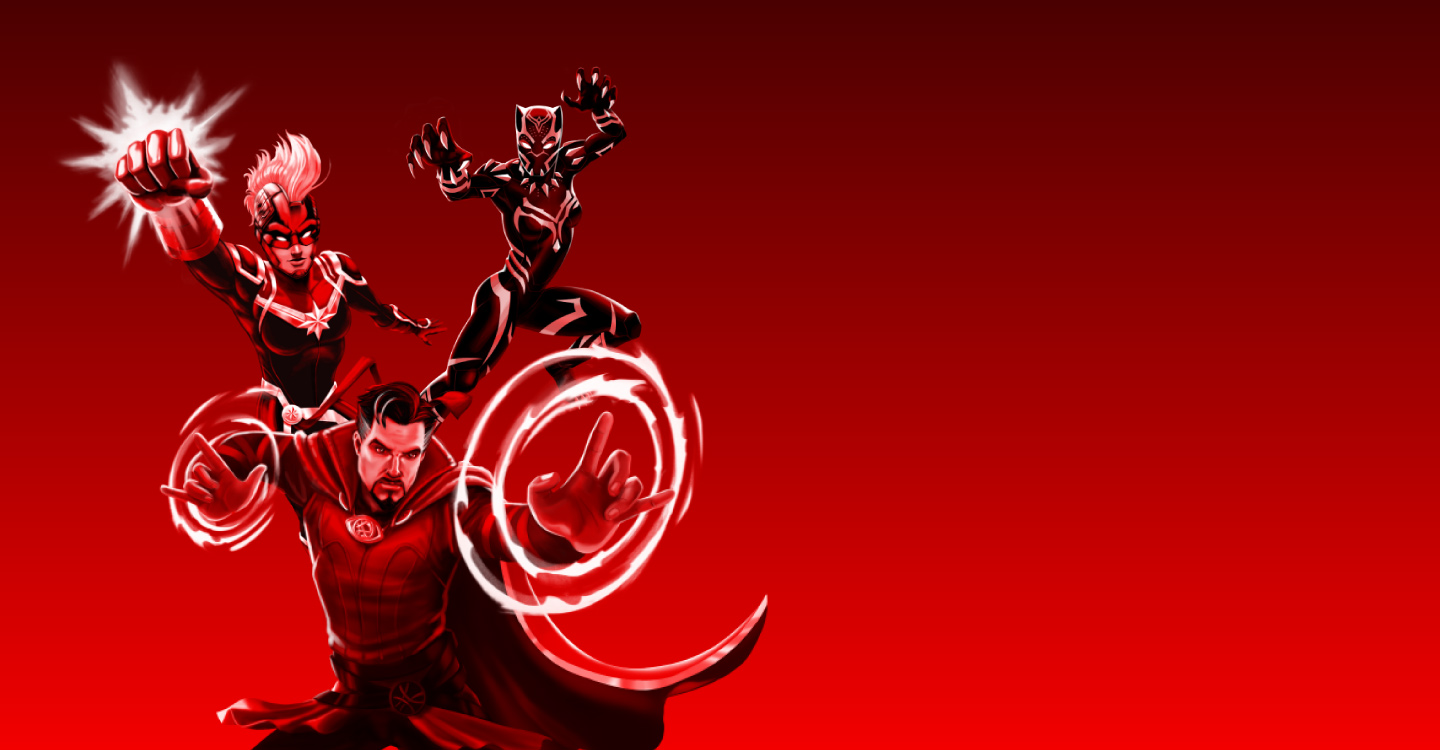 Doctor Strange, Capitana Marvel y Black Panther en posición de ataque sobre un fondo rojo.