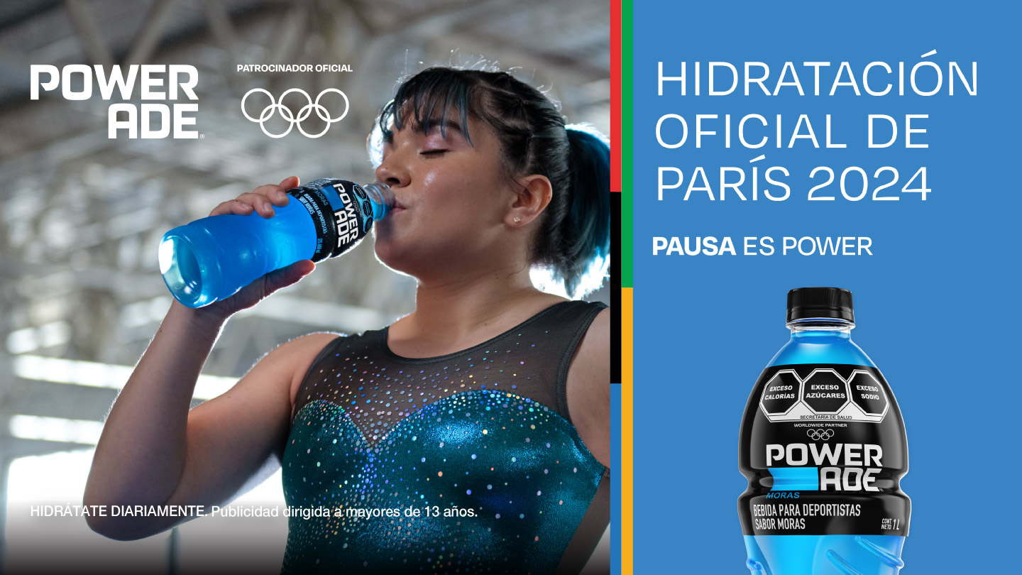 Logotipo de Powerade con una atleta entrenando de fondo, acompañado del texto 'Hidratación Oficial de París 2024' y los anillos olímpicos, indicando patrocinio oficial