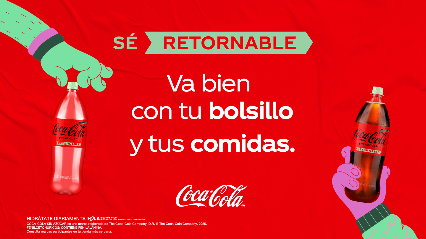 Imagen promocional de Coca-Cola destacando botellas retornables con el eslogan "Sé retornable".