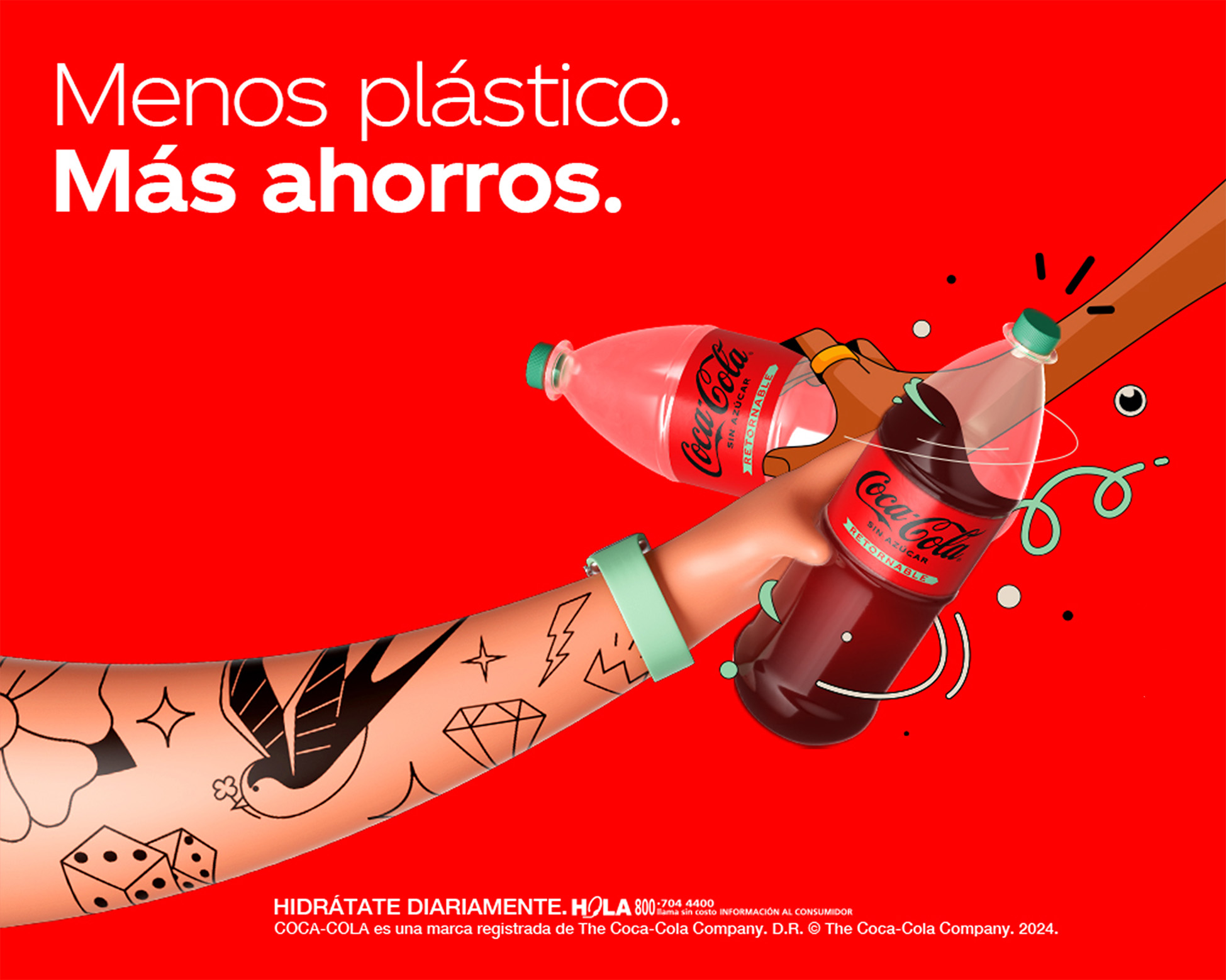 Dos manos sostienen botellas retornables de Coca-Cola sin azúcar sobre un fondo rojo vibrante.