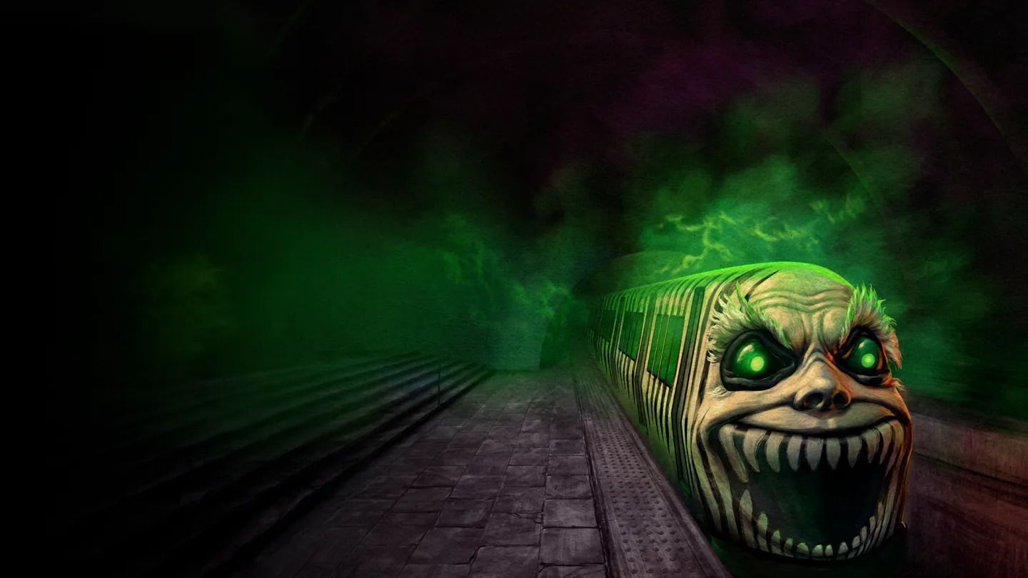 Tren del mas allá con la cara de Beetlejuice en la punta, frenando en una estación oscura con mucha neblina verde.