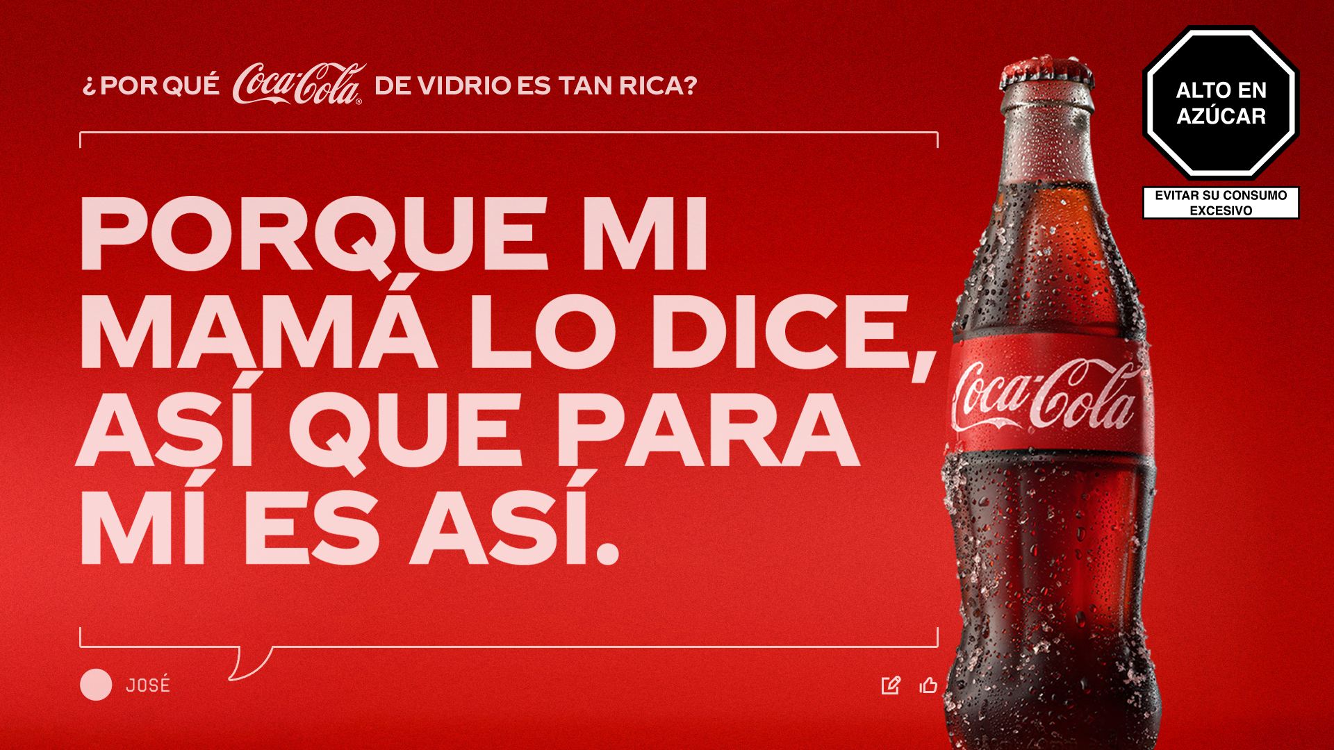 Botella de Coca-Cola de vidrio. El texto pregunta '¿Por qué Coca-Cola en botella de vidrio es tan rica?' y propone la teoría: 'Porque mi mamá lo dice, así que para mí es así’.