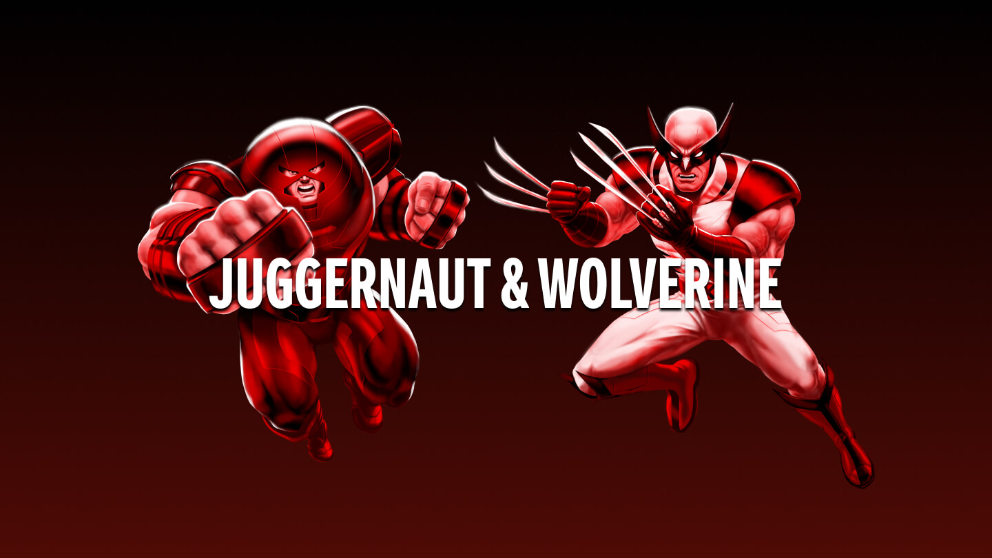 Juggernaut y Wolverine en poses de acción sobre un fondo rojo con efecto degradado a negro. “Juggernaut & Wolverine” escrito en blanco en el centro. Escanea los personajes y comienza la batalla.