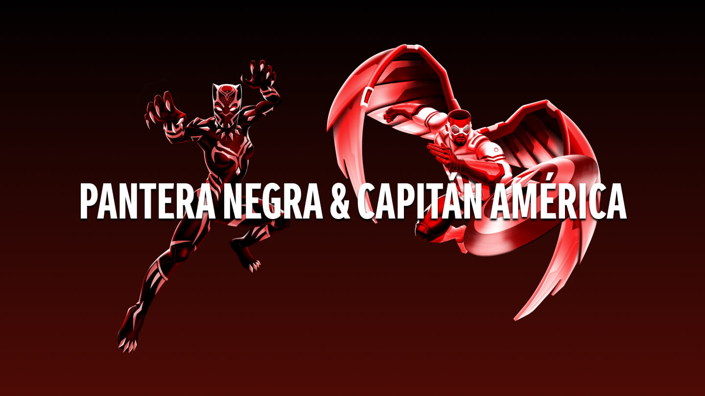 Black Panther y Capitán América en poses de acción sobre un fondo rojo con efecto degradado a negro. El texto «Pantera Negra & Capitán América» en el centro en blanco. Escanea los personajes y comienza la batalla. 