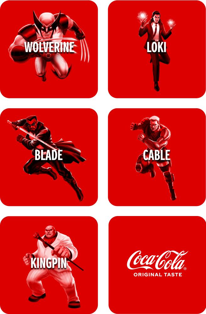 Mosaico de seis cuadrados rojos con personajes de Marvel en su interior: Wolverine, Loki, Blade, Cable y Kingpin. En el último cuadrado, en la esquina inferior derecha, está el logotipo de Coca-Cola y el texto “Original Taste”.
