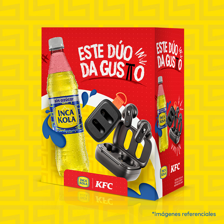 Caja de audífonos bluetooth Skullcandy junto a una botella de Inca Kola y el logo de KFC