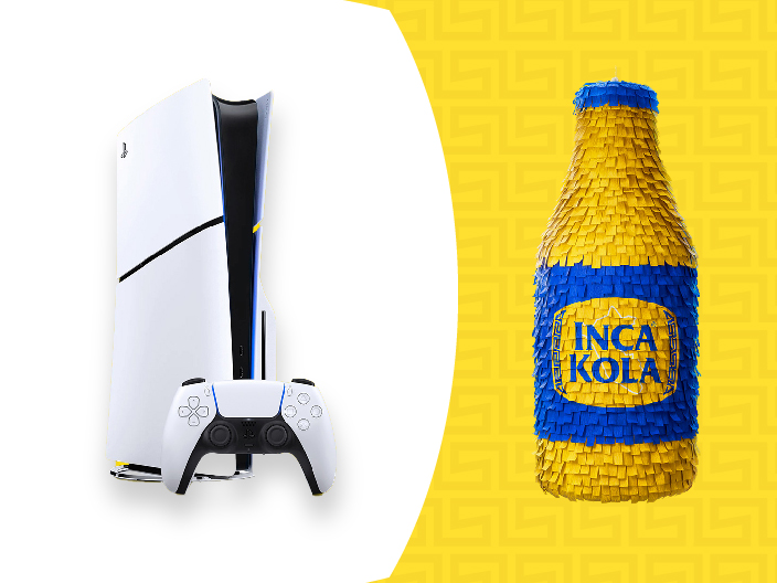 Piñata con forma de botella de Inca Kola y posible premios por la compra de Inca Kola en Bembos: Playstation 5 Slim con 2 mandos