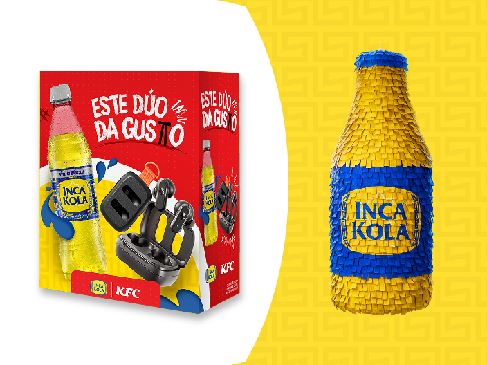 Piñata con forma de botella de Inca Kola y posible premios por la compra de Inca Kola en KFC: Audífonos Skullcandy "Dime 3"