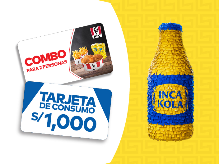 Piñata con forma de botella de Inca Kola y posible premios por la compra de Inca Kola en Supermercados: combo para 2 personas en KFC y tarjetas de consumo de S/1,000 en supermercados.