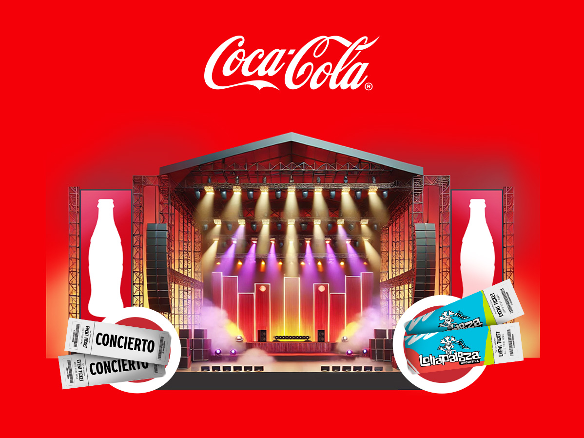 Un escenario de concierto con botellas de Coca-Cola a los lados y entradas para Lollapalooza y otros conciertos.