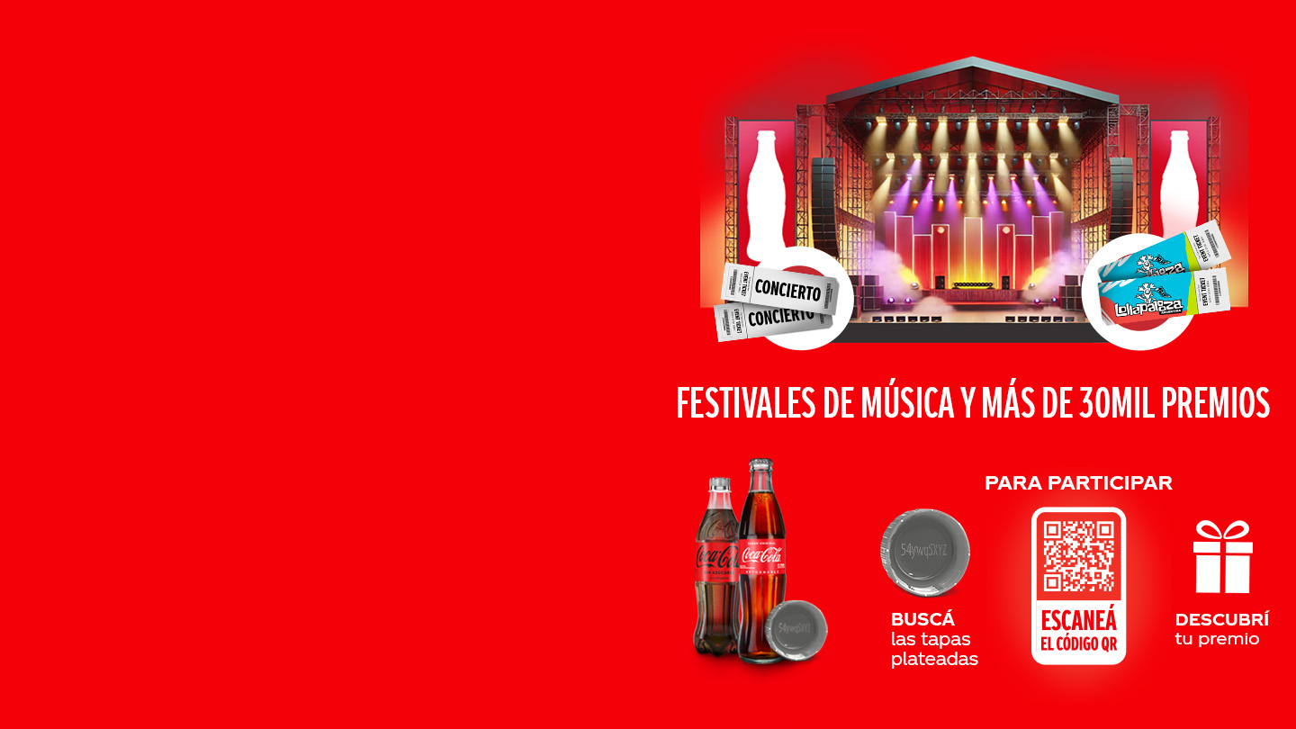 Un escenario de concierto con botellas de Coca-Cola a los lados y entradas para Lollapalooza. El texto anuncia "Festivales de música y más de 30,000 premios". Para participar: buscá tapas en las Coca-Cola de vidrio, escaneá el código QR y descubrí tu premio.