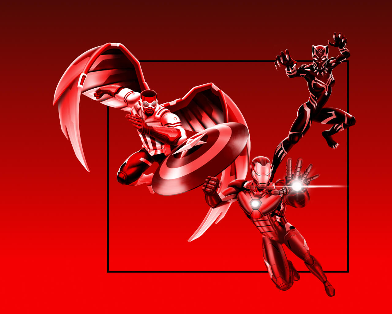 Capitán América lanzando su escudo al lado de Iron Man, a punto de lanzar un poder con su mano, y detrás de él, Black Panther mostrando sus garras sobre un fondo rojo.