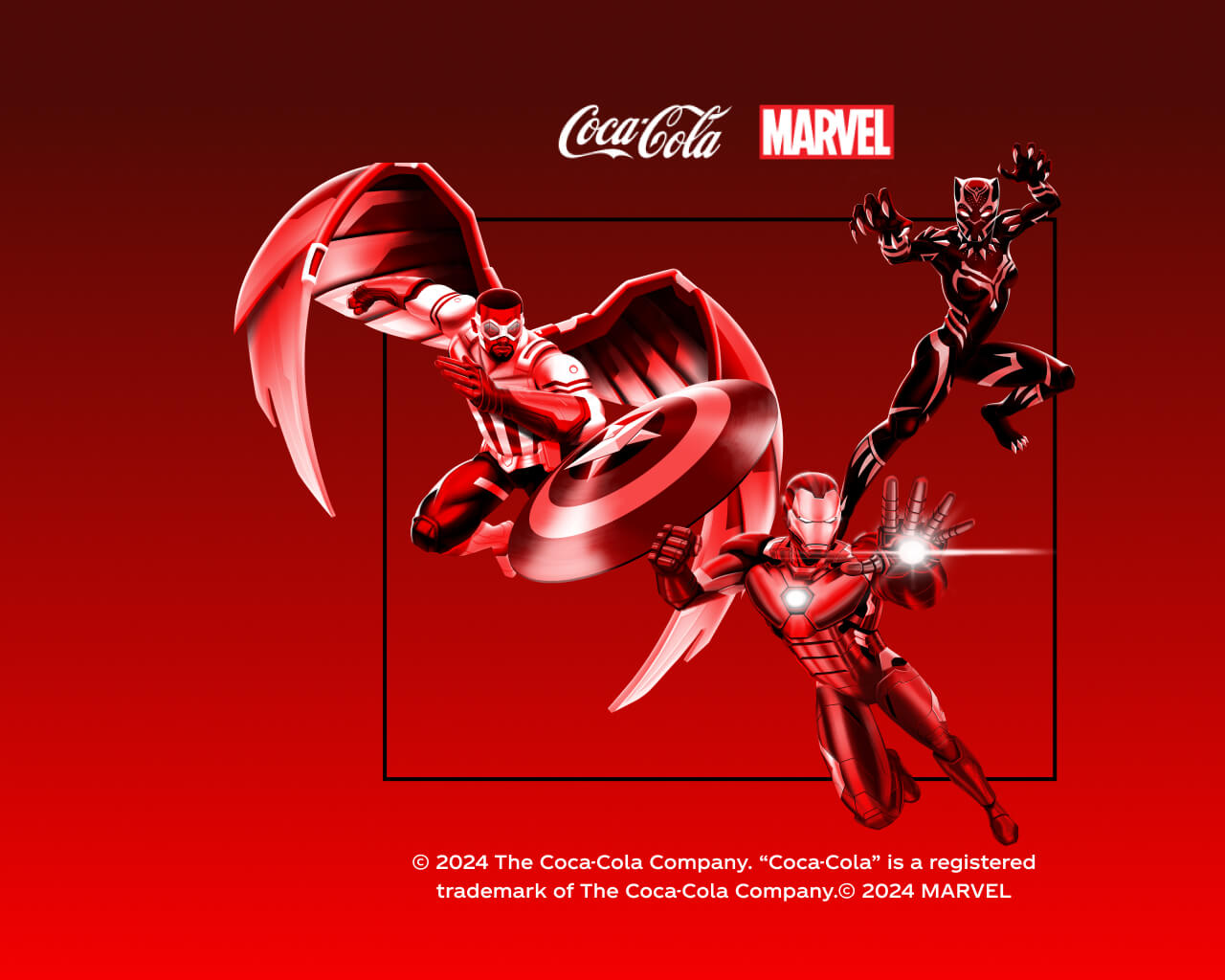 Iron-Man, Capitán América y Pantera Negra en posición de ataque sobre fondo rojo.