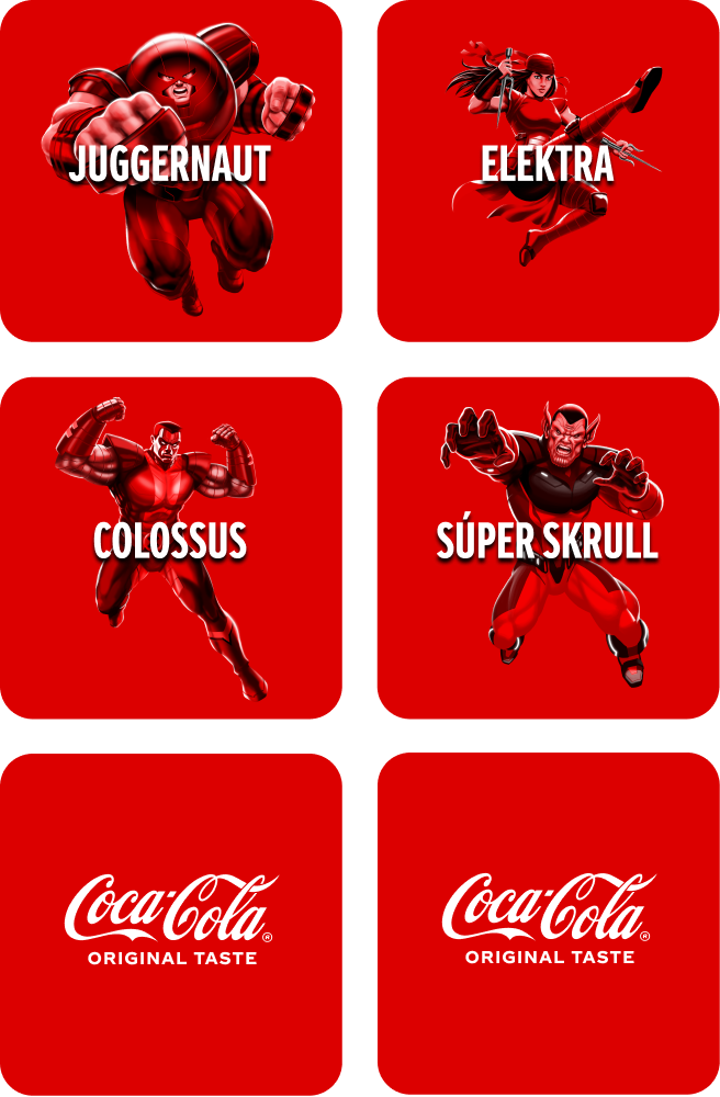Mosaico de seis cuadrados rojos con personajes de Marvel en su interior: Juggernaut, Elektra, Colossus y Super Skrull. En los últimos dos cuadrados , está el logotipo de Coca-Cola y el texto “Original Taste”.