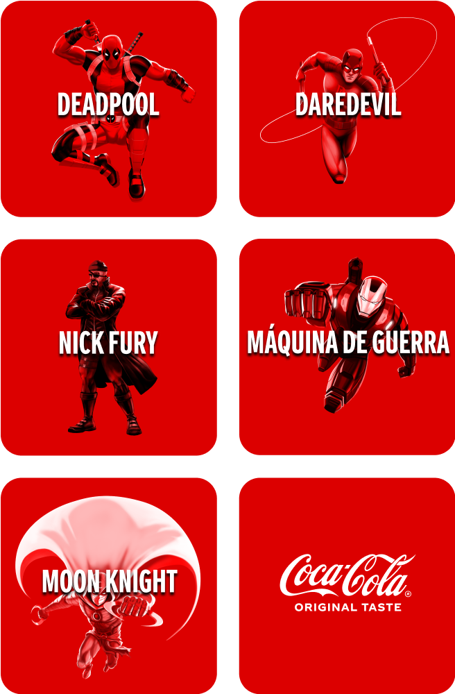 Mosaico de seis cuadrados rojos con personajes de Marvel en su interior: Deadpool, Daredevil, Nick Fury, Máquina de Guerra y Moon Knight. En el último cuadrado, en la esquina inferior derecha, está el logotipo de Coca-Cola y el texto “Original Taste”.