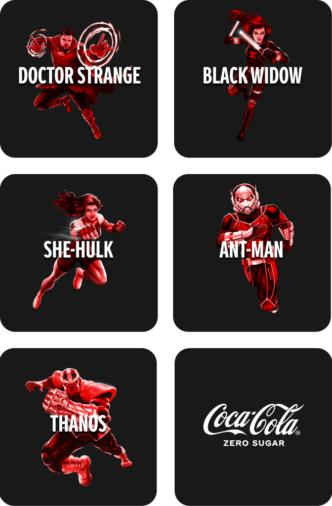 Mosaico de seis cuadrados negros con personajes de Marvel en su interior:  Doctor Strange, Black Widow, She-Hulk, Ant-Man y Thanos. En el último cuadrado, en la esquina inferior derecha, está el logotipo de Coca-Cola y el texto “Cero Azúcar”.