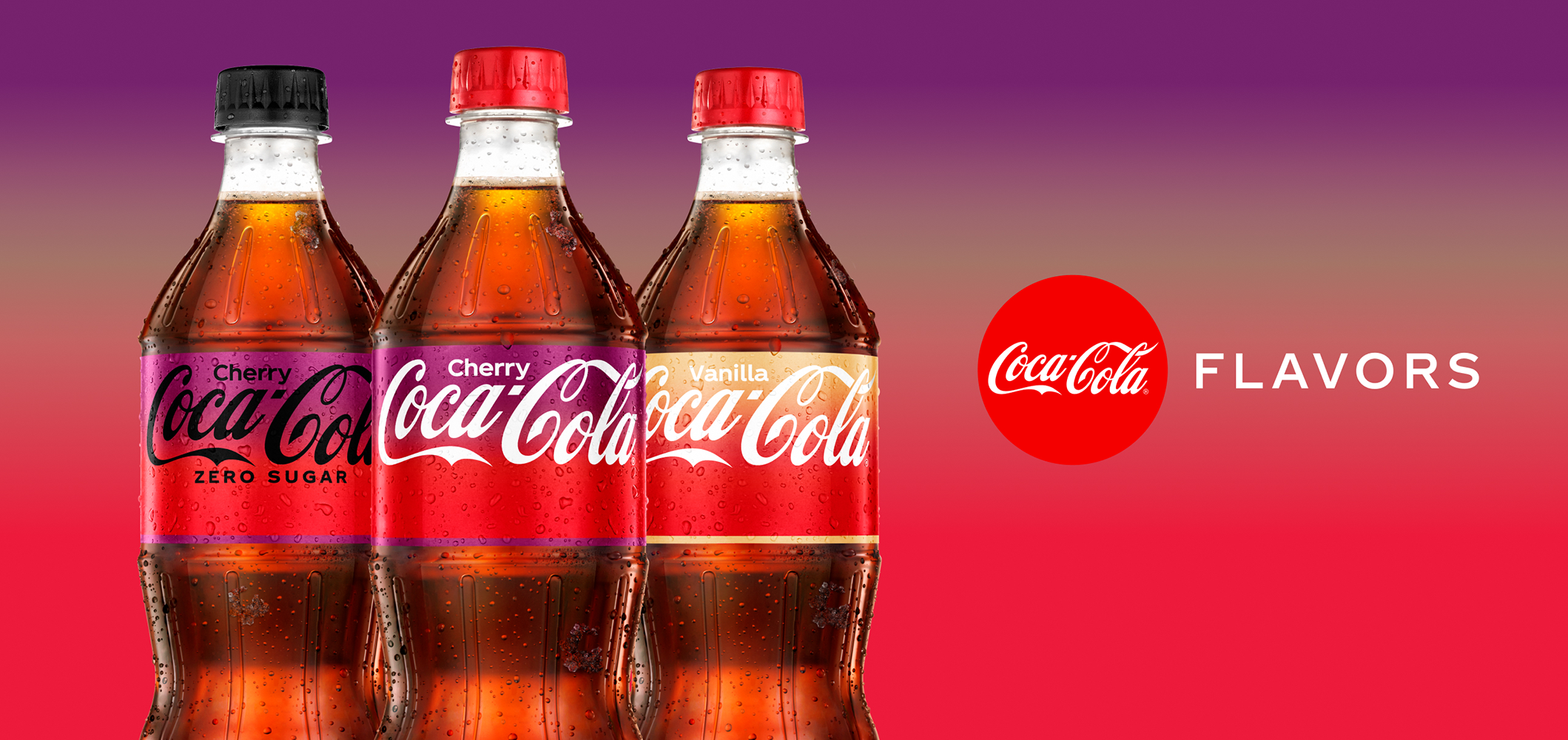 Three bottles of Coca-Cola lined up on gradient background