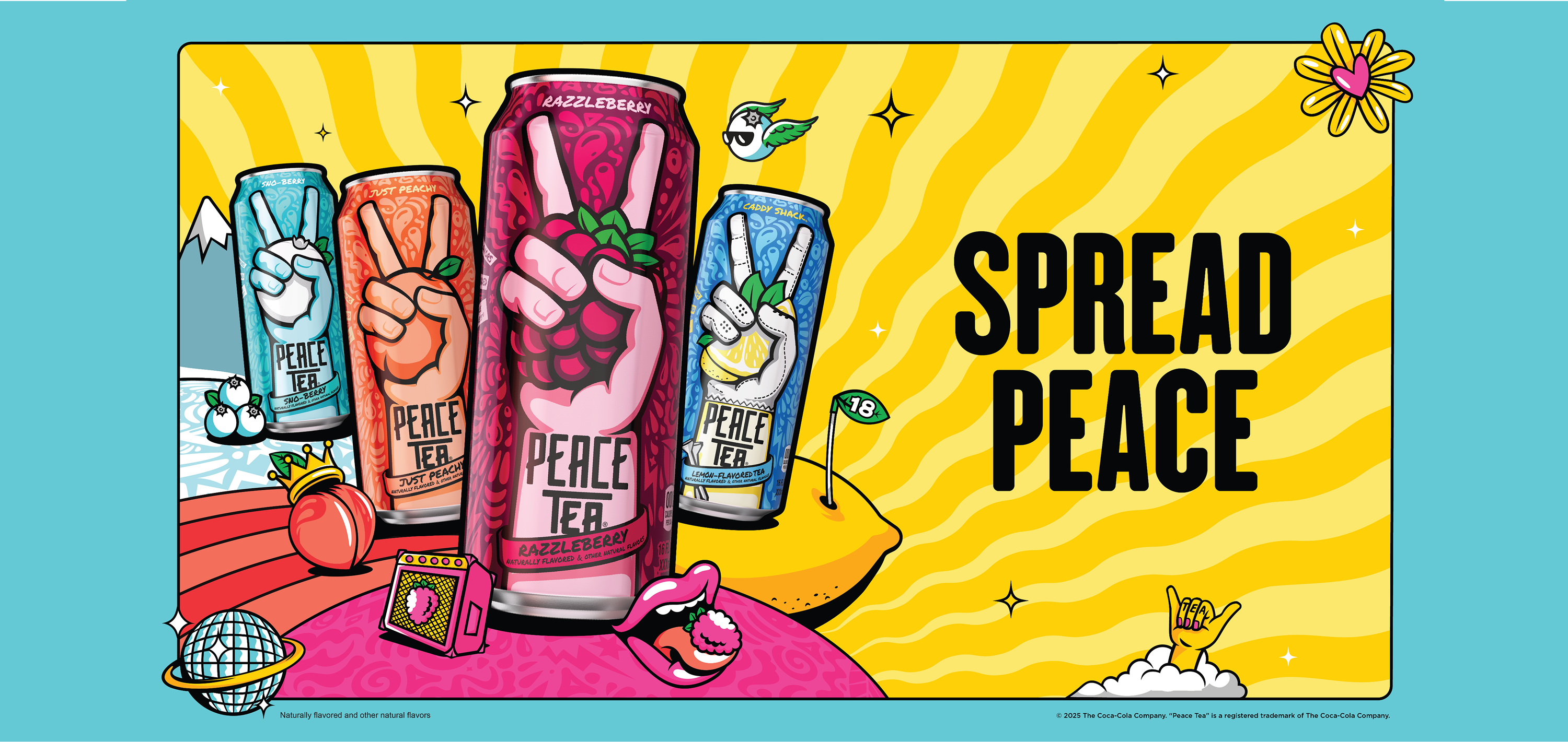 A vibrant and colorful advertisement for Peace Tea featuring four cans in different flavors: Razzleberry, Just Peachy, Sno-Berry, and Caddy Shack. Each can displays a bold hand symbol making a peace sign, with playful illustrations of fruit, music, and abstract elements surrounding them. The background has a yellow and wavy sunburst pattern with the phrase 'SPREAD PEACE' in bold black letters. A small disclaimer at the bottom notes that Peace Tea is a registered trademark of The Coca-Cola Company.