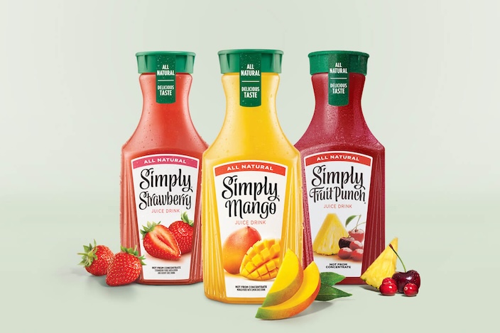 Three containers of Simply brand juices