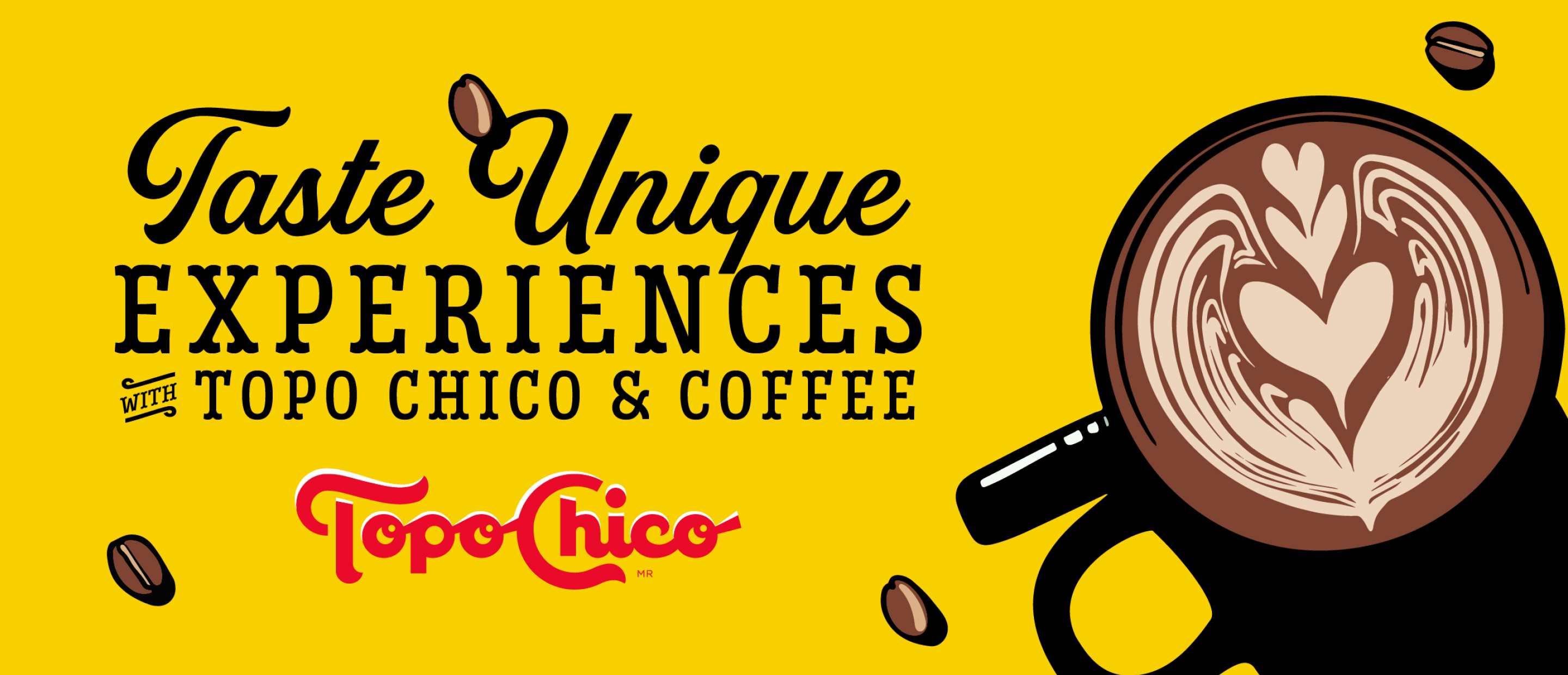 Taste unique experiences with Topo Chico and coffee. vector coffee cup on yellow background