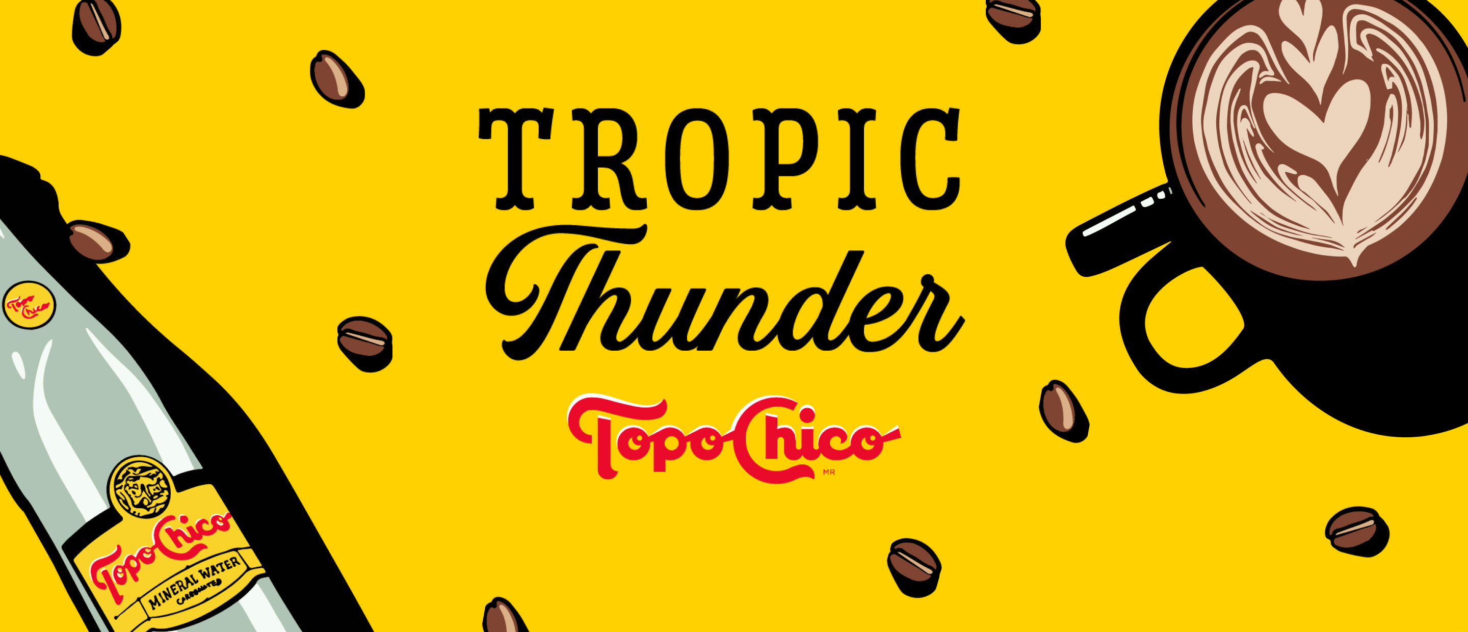 A bottle of Topo Chico mineral water and a latte in a mug with a heart design in the foam with text reading "Tropic Thunder"