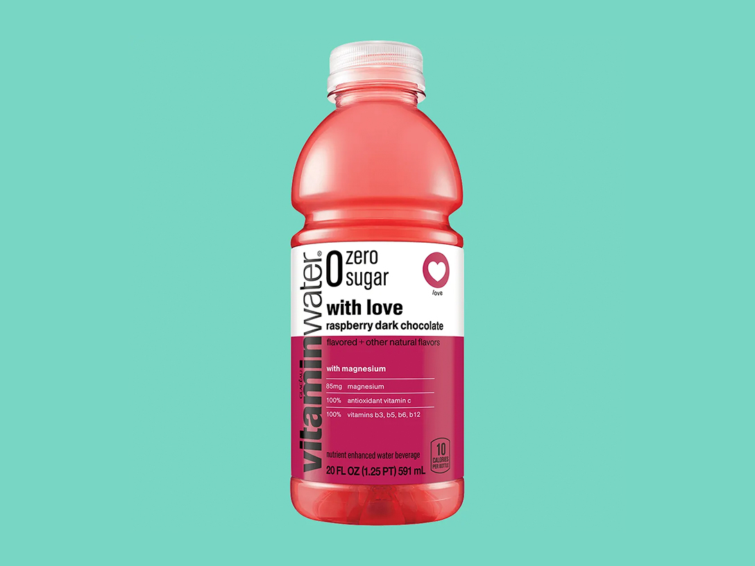 A bottle of Vitaminwater raspberry-dark-chocolate zero sugar