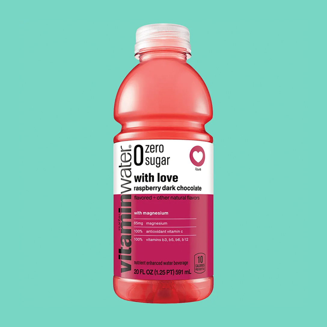 A bottle of Vitaminwater raspberry-dark-chocolate zero sugar